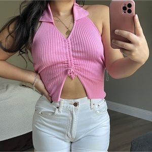 Pink ribbed scrunch halter top